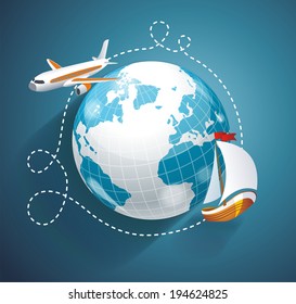 Vector illustration of a world globe, an airplane and yacht. Cruise or logistic symbol