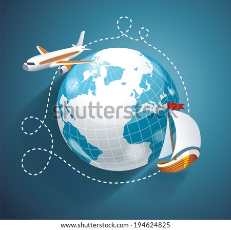 Vector illustration of a world globe, an airplane and yacht. Cruise or logistic symbol