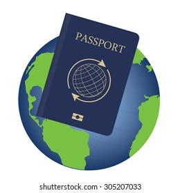 Vector illustration world globe and blue citizen passport. Globe icon. Passport with globe symbol and arrows around it. Tourism concept