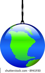 Vector Illustration Of World Globe Hanging On A Frayed Rope