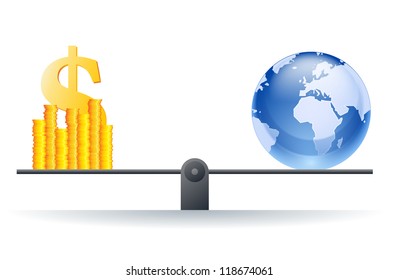 Vector illustration of a world globe on a scale with heaps of gold dollar coins.