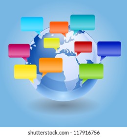 Vector illustration of a world globe with several talk bubbles representing diverse global voices.