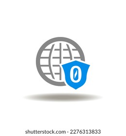 Vector illustration of world globe and shield with zero. Icon of zero trust. Symbol of cyber digital security.