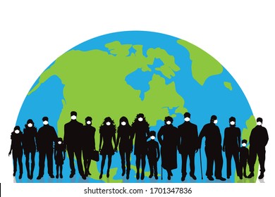 Vector illustration of world with group of people with medical mask on white background. Symbol of planet and healthy.