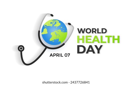 Vector Illustration of World health day concept text design world map  with doctor stethoscope. Banner poster, flyer and background design.