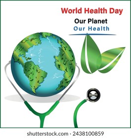 Vector Illustration of World health day with doctor stethoscope.World Helath day with globe ,stethoscope and leaves.Suitable for greeting card, poster and banner