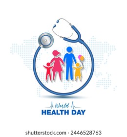 Vector illustration of World health day. Medical stethoscope with family and world map.
