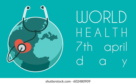 VECTOR ILLUSTRATION. World Health Day picture. Earth with stethoscope and heart.