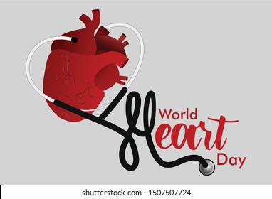 Vector illustration for World Heart Day with Human Heart Sign, Stethoscope and love sign as the symbols. Heart Day Vector Background