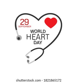 Vector illustration World Heart Day isolated on white Background. World Heart Day lettering card, heart and stethoscope