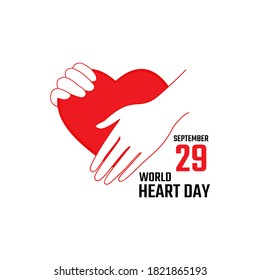 Vector illustration World Heart Day isolated on white Background. Red heart with hand. Health care concept.