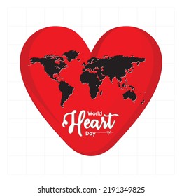 Ilustración vectorial concepto del día mundial del corazón. Corazón rojo con mapa del mundo blanco. Fondo blanco aislado.