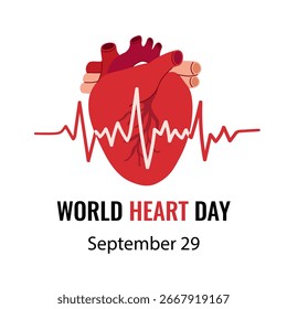 Vector illustration World Heart Day on September 29 with human heart, ECG line and awareness message for heart health. Simple flat design

