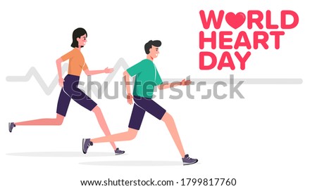 Vector illustration World Heart Day Background, health care awareness. People running for disease prevention, World heart day with red heart and world sign vector design, Worl Heart Day poster Slogan