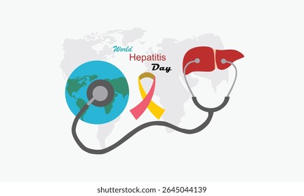 Ilustración vectorial del Día Mundial contra la Hepatitis. Cinta de Concienciación sobre la Hepatitis. Concepto del cartel de la campaña del día mundial de la hepatitis con los doctores tratan el hígado en estilo plano 2D y diseño del Vector