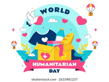Vector Illustration for World Humanitarian Day Featuring Global Acts of Kindness, Charity, Volunteer Work, and Community Support in a Flat Background