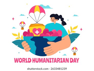 Vector Illustration for World Humanitarian Day Featuring Global Acts of Kindness, Charity, Volunteer Work, and Community Support in a Flat Background