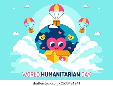 Vektorgrafik zum Welttag der humanitären Hilfe mit globalen Akten der Nächstenliebe, Nächstenliebe, Freiwilligenarbeit und gemeinschaftlicher Unterstützung auf ebenem Hintergrund