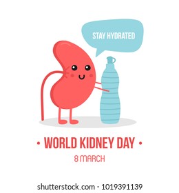 Vector illustration for world kidney day with kidney character, giving advice to stay hydrated, drink enough water.