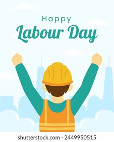 Vector illustration of world labor day, with yellow helmet worker figure. Urban background