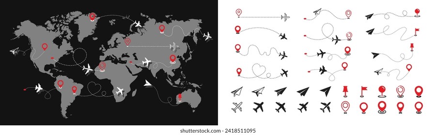 Vector illustration of world map with air planes and traffic lines. Top view world map with aircraft, air pathes and pins