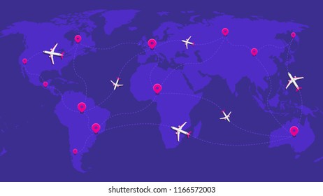 Vector illustration: world map with airplanes and pins. Flat vector concept in purple and pink colors. Colorful background image. Small realistic planes on world map and flight routes with geo tags.