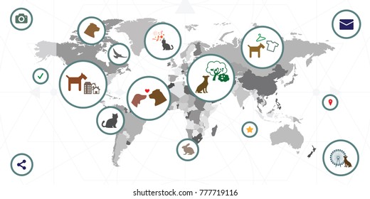 vector illustration of world map with animal care symbols and pet services network visualization