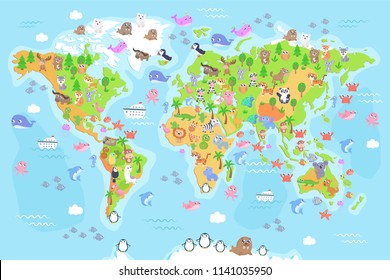 Vector illustration of world map with animals for kids. Flat design.