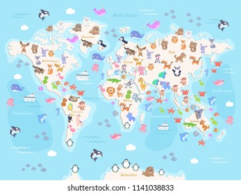 Vector illustration of world map with animals for kids. Flat design.