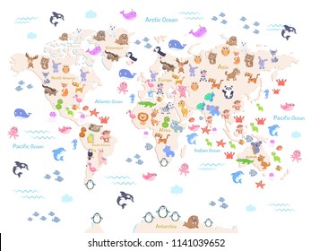 Vector illustration of world map with animals for kids. Flat design.