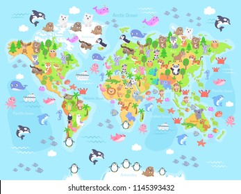 Vector illustration of world map with animals for kids. Flat design.