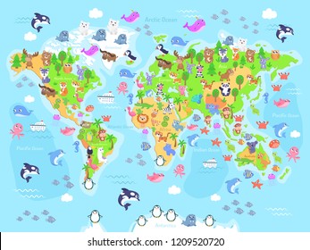 Vector illustration of world map with animals for kids. Flat design.