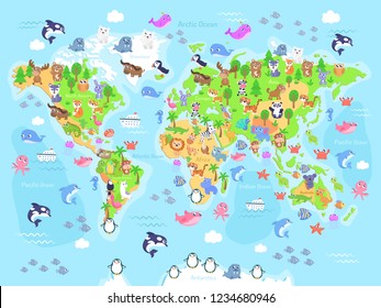 Vector illustration of world map with animals for kids. Flat design.