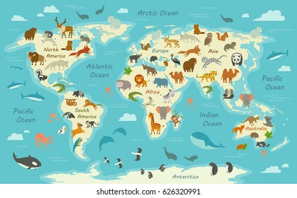 Vector Illustration of a World Map with Animals