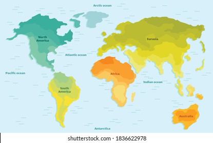 Vector illustration world map for children. Continents America Europe Asia Africa