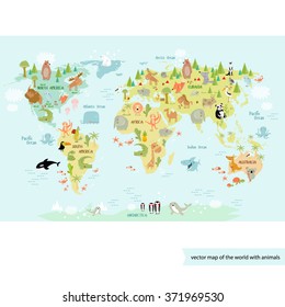 Vector illustration world map for children in gentle tones with lots of animals: bear, cow, elephant, whale, deer, crocodile, panda, monkey, giraffe. America, Europe, Asia, Canada, Africa, Antarctica