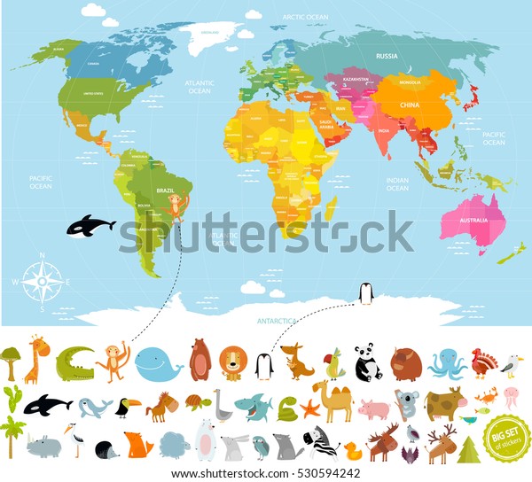多くの動物を持つ子ども向けのベクターイラスト世界地図 熊 牛 象