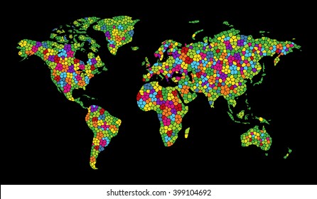 Vector illustration of a world map. Colorful mosaic map of the world. Happy Earth Day background.