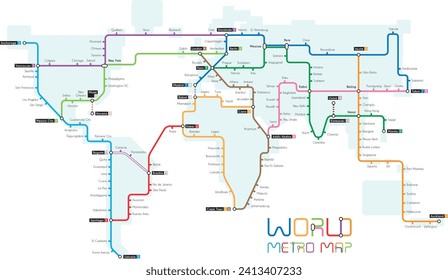 Vector illustration of a world map designed as a subway map