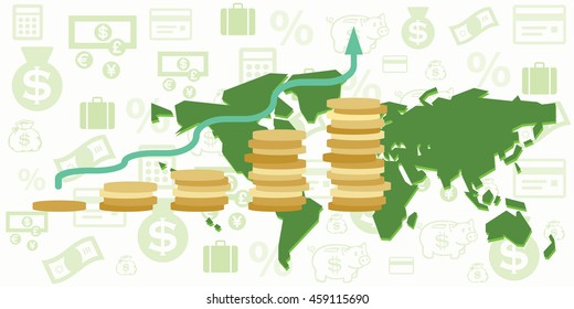 vector illustration of world map with financial elements and budget growth chart with green arrow and golden coins