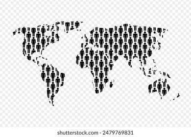 Vector illustration of world map with human pattern on transparent background