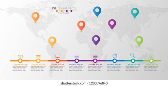 vector illustration World map Infographic design template with icons and 8 options or steps. Can be used for process, presentations, layout, banner,info graph. 