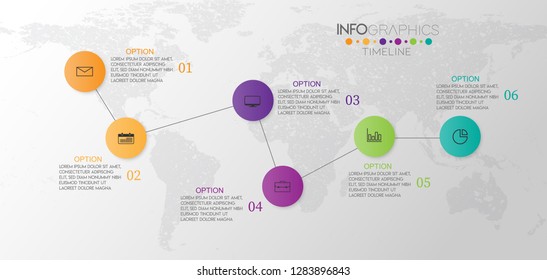 vector illustration World map Infographic design template with icons and 6 options or steps. Can be used for process, presentations, layout, banner,info graph. 