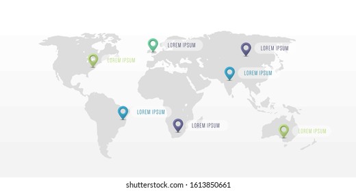 Vector Illustration of a World Map Infographic. Vector Map Illustration of World. Location pins on World Map. Perfect for presentations, charts and other graphics - EPS10