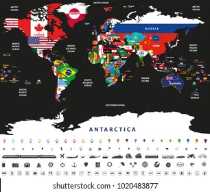 vector illustration of world map jointed with national flags with countries and oceans names