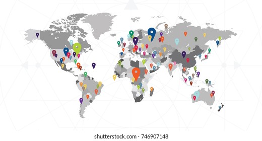 vector illustration for world map with locations and activities spots pins and cities signs for worldwide information visualization concepts