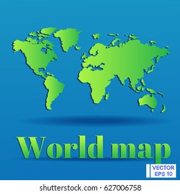 Vector illustration. World map. A minimalistic image of the continents. Green on blue