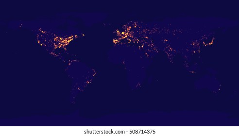 Vector illustration of the world map at night. Earthâ??s city lights are visible in the most urbanized regions.