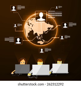 Vector illustration of a world map and the operator, the concept of a call center.