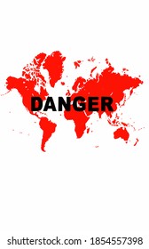 Vector illustration of world map in red color on white background. sign Stop Virus. High detailed political map without country names. Illustration of World map. Black Inscription of Danger